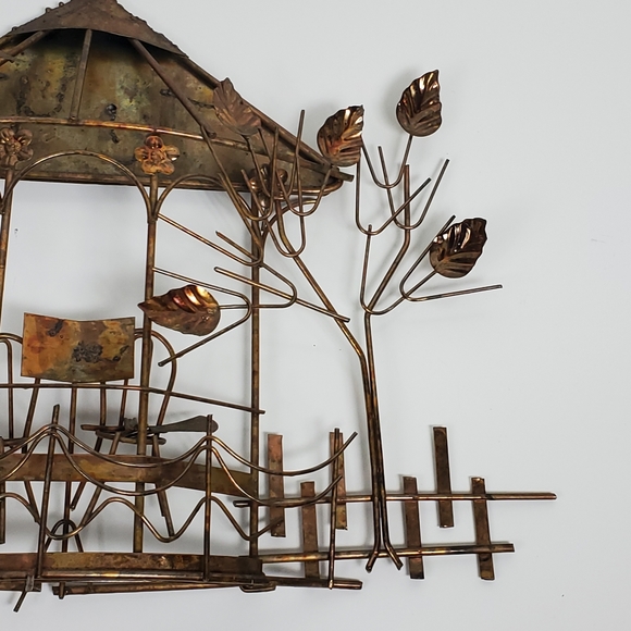 Vintage Emesco 3D copper wall art gazebo, park bench, trees, and flowers - Picture 6 of 12